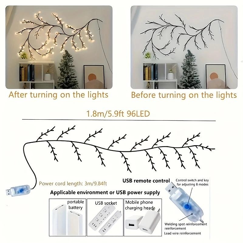 1pc 96LED Branch Light, For Desktop Wall Decoration, 8 Modes, USB Powered DIY Holiday Tree Vine Light, Halloween Decoration, Christmas Decoration Night Light3
