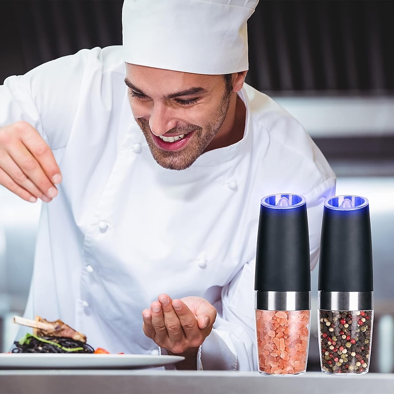 1pc Electric Salt and Pepper Grinder, Gravity Sensor, Automatic Pepper Mill, One Hand Operation, Battery-Operated with Adjustable Coarseness, Blue Led Light3