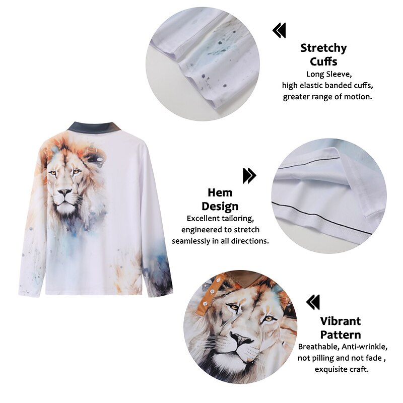 Men's Lion Polo Shirts Golf Shirt Long Sleeve Polo Shirts Collared Shirts Casual Funny Streetwear Vacation Wear Party Outfits 3D Print Buttons Light Pink White Crystal / Orange4