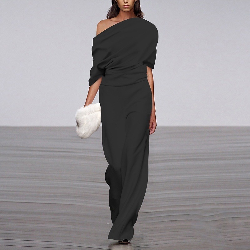 Women's Normal Jumpsuit Formal Solid Color Half Sleeve Raglan Sleeves Straight Party Office Regular Fit Black White Fall