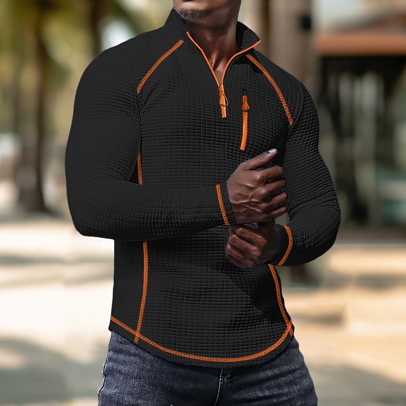 Men's Waffle Tee Waffle Shirt T Shirt Tee Top Long Sleeve Standing Collar Spring &  Fall Color Block Fashion Designer Basic Quarter Zip Vacation Street Going out Black White Navy Blue Top Tee for Men4
