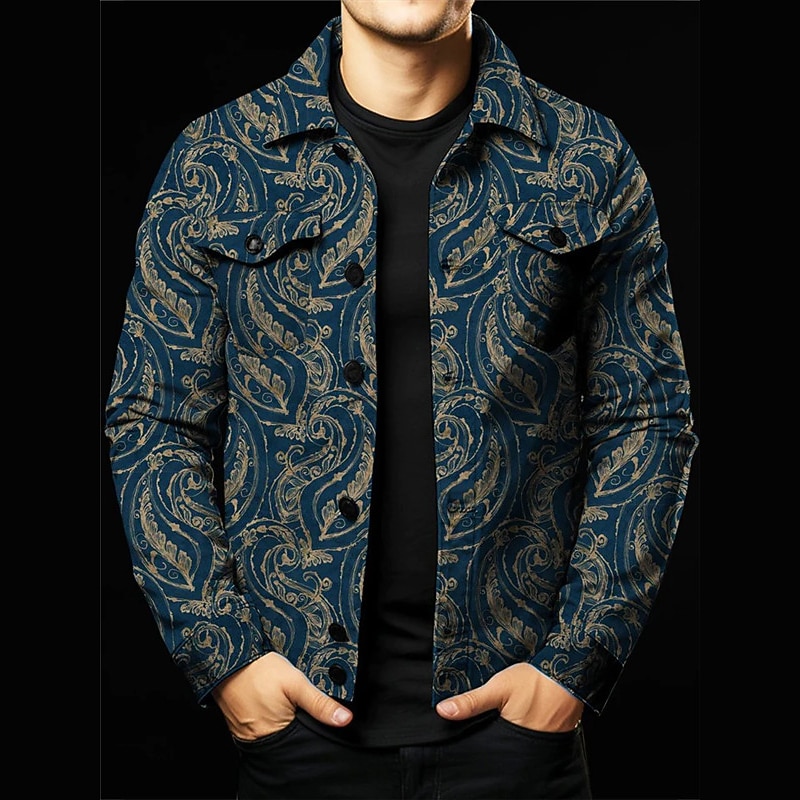 Men's Color Block Shirt Shirt Jacket Overshirt Long Sleeve Vintage Outdoor Street Casual Daily Fall & Winter Turndown Buttons Pocket Print Dark Navy Blue4