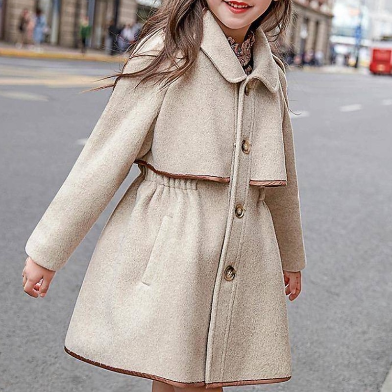 Kids Girls' Woolen Coat Long Sleeve off white Solid Color Spring Fall Active School 7-13 Years
