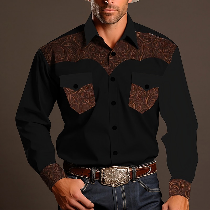Men's Shirt Western Shirt Cowboy Shirt Long Sleeve Vintage Western Style Outdoor Street Casual Daily Fall & Winter Turndown Buttons Print Blue Brown