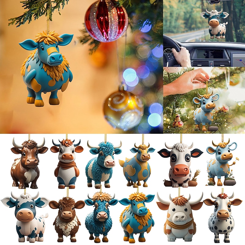 Christmas Tree Ornament,2D Acrylic Cartoon Decorative Ornament, Cute Cartoon Cattle Cow Hanging Ornament, Car Interior Pendant