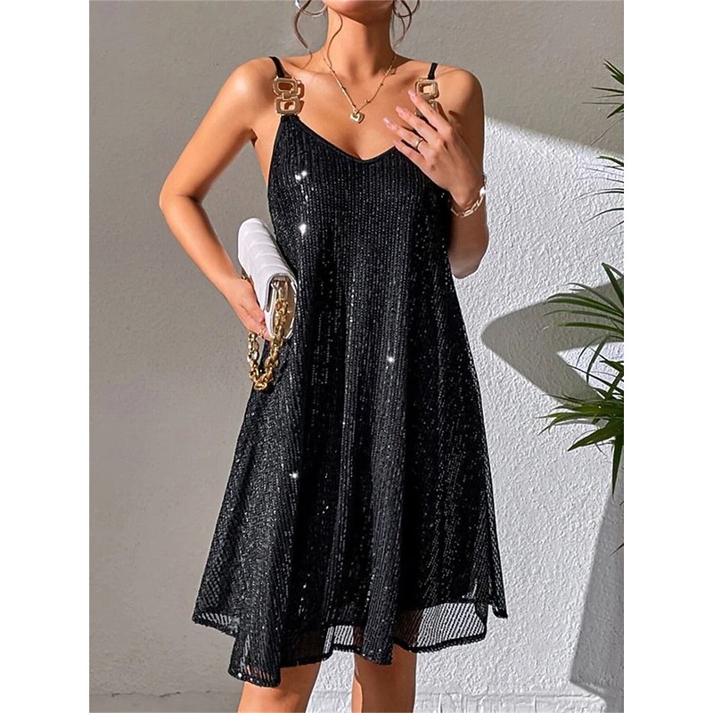 Women's Mini Dress Black Dress Sequin Dress Party Dress Cocktail Dress Fashion Party Hot Winter Dress Vacation Wedding Guest Slim Pure Color Sleeveless Spaghetti Strap Black Fall Winter Autumn2