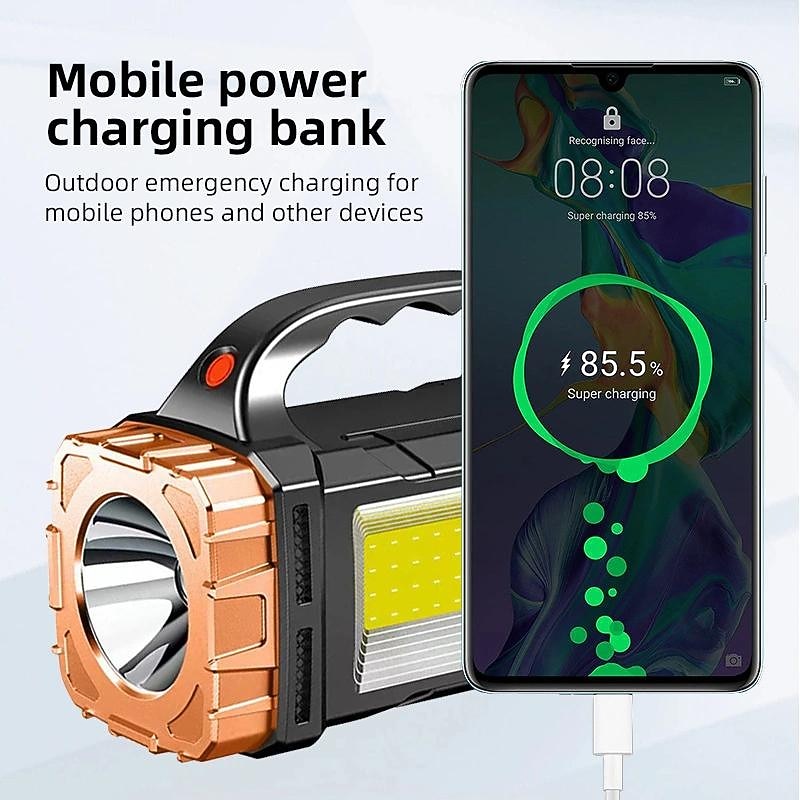 1pc Solar COB Flashlight with LED Work Lights, Camping Lights, USB Rechargeable Searchlight, Portable Hand Held Rechargeable Lantern3