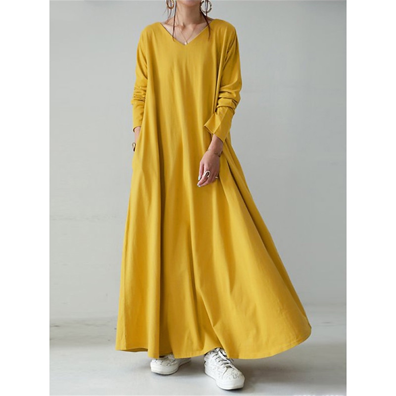 Women's Long Dress Maxi Dress Linen-Inspired Dresses Black Dress Casual Dress Winter Dress Fashion Streetwear Mature Outdoor Street Daily Loose Fit Long Sleeve V Neck Black Yellow Brown Dark Blue