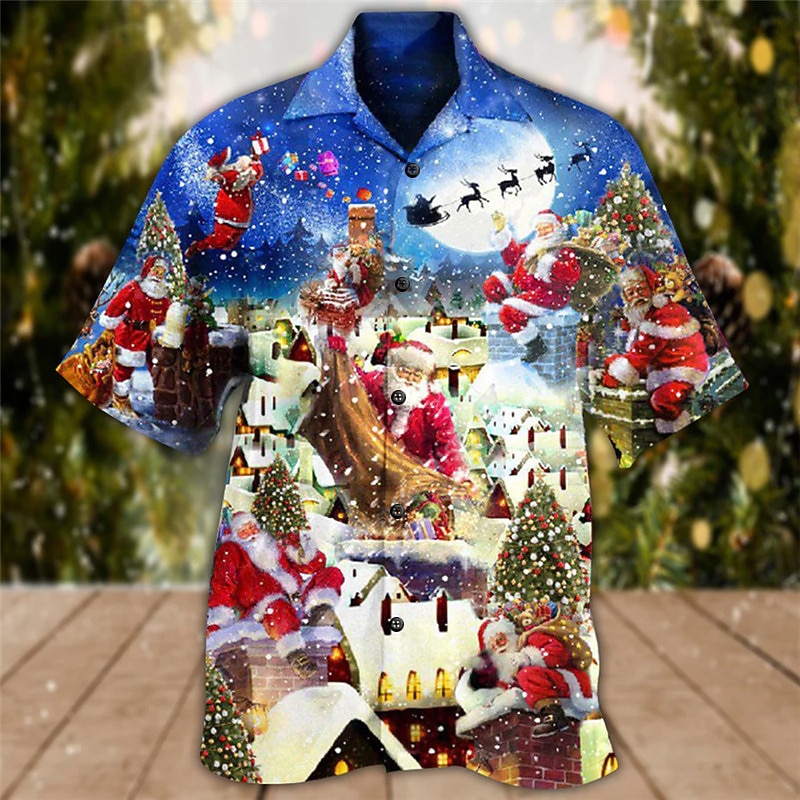 Men's Santa Claus Shirt Short Sleeve Shirt Turndown Christmas Street 3D Print Black Black / Red Red Blue Blue+Blue Print Button-Down Clothing Apparel Fashion Designer Casual Breathable