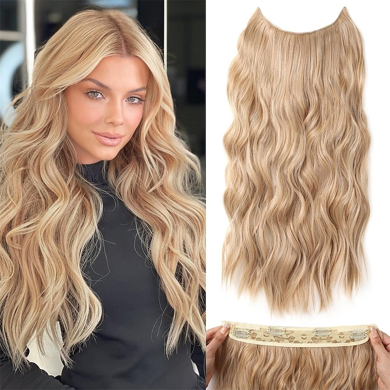 Hair Extensions 20 Inch Long Wavy Blonde Hair Extensions with Invisible Wire Adjustable Size 4 Secure Clips in Hair Extensions for Women - Main Image
