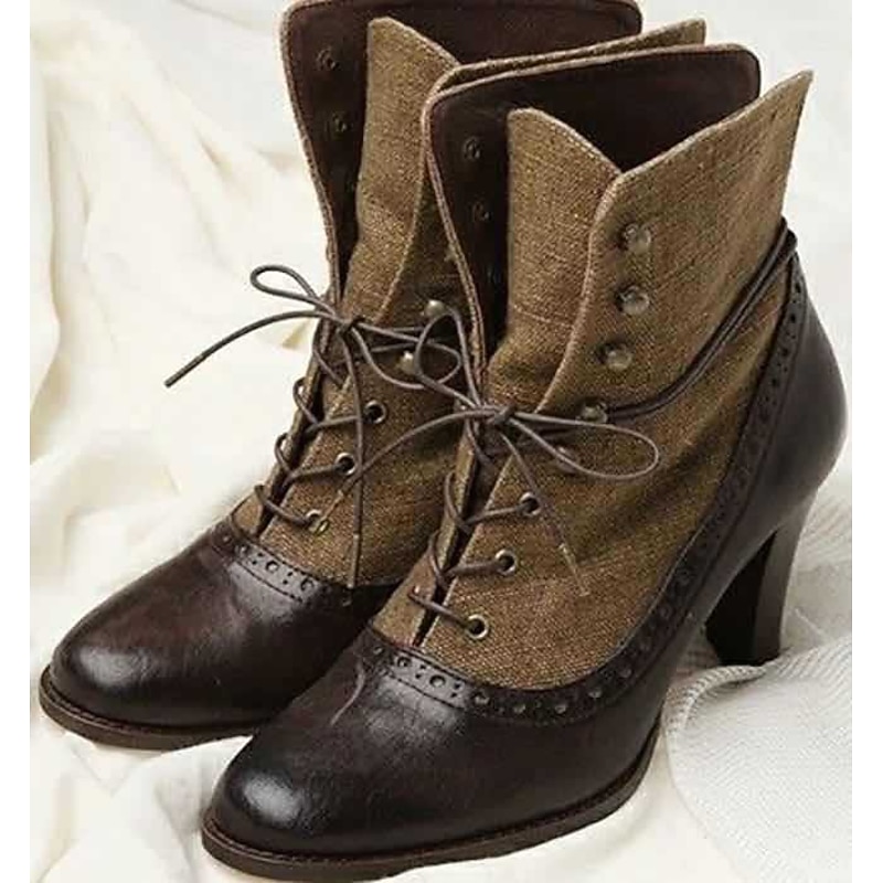 Women's Victorian Lace-Up Ankle Boots with Vintage Brogue Detailing – Faux Leather and Fabric High Heel Boots for Retro Fashion