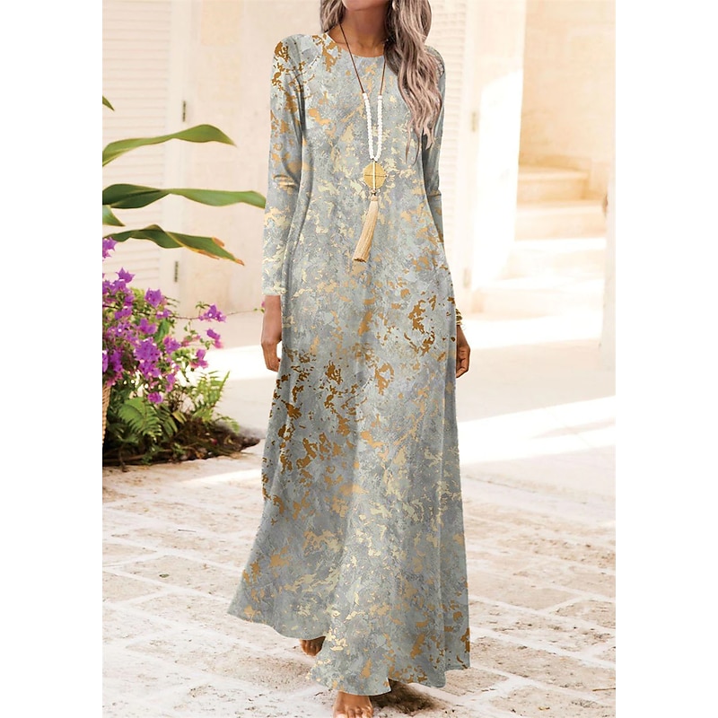 Women's Maxi Dress Vintage Bohemian A Line Dress Crew Neck Long Sleeve Casual Swing Dress Shift Dress Fashion Streetwear Modern Outdoor Daily Date Regular Fit Tie Dye Yellow Fall Winter