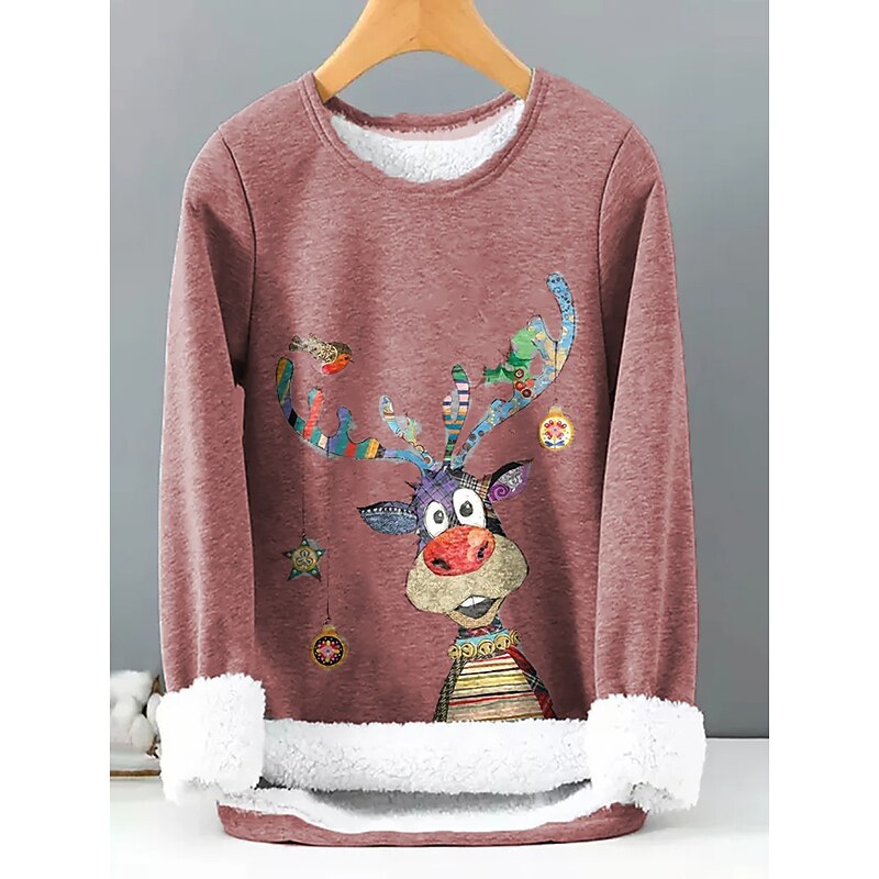 Women's Fleece Lined Pullover Sweatshirt Pajamas Reindeer Warm Funny Fuzzy Long Sleeve Round Neck Crewneck Long Tops Christmas Casual Sports Black Yellow Dark Pink Red Blue Fall & Winter3