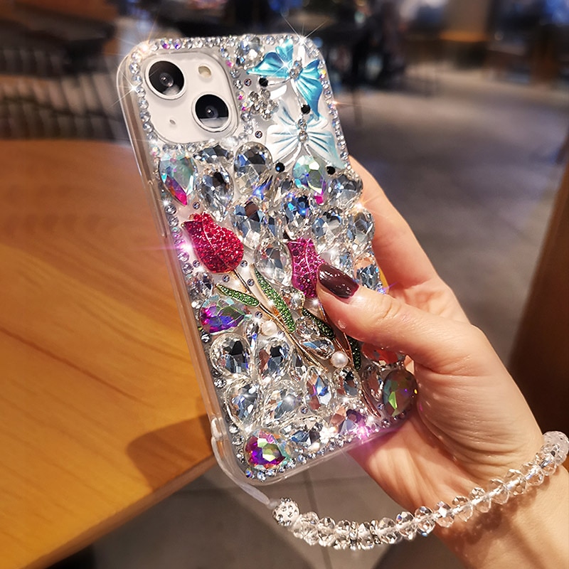 Luxury Rhinestone Floral Case with Beaded Lanyard for iPhone 16e 15 Pro Max Plus 14 13 12 11 Pro Max Mini X XR XS Max 8 7 6 SE – Bling Crystal Full Back Cover3