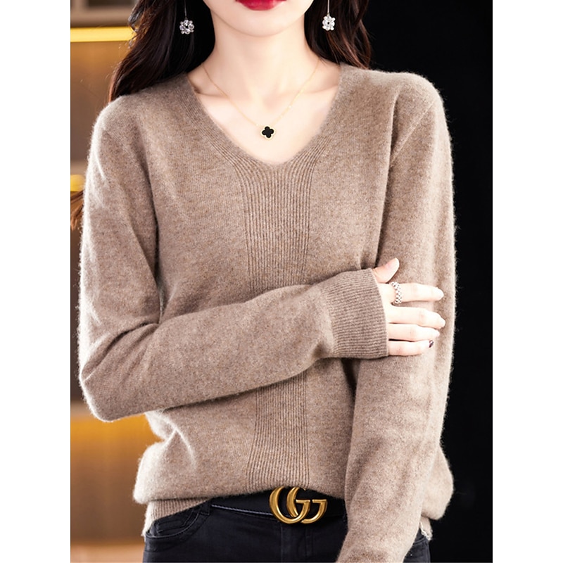 Women's Pullover Sweater Jumper Fashion Casual Soft Solid Color Ribbed V Neck Knitted Long Sleeve Regular Tops Knit Outdoor Daily Going out Forest Green Cherry Red Fall Winter2