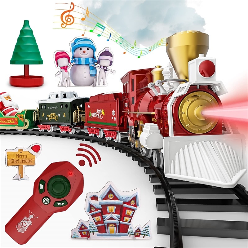 Christmas Train Set Remote Control Electric Train Toy with Smoke Light and Music Kids Train Track with Rechargeable Battery Santa Claus Christmas Birthday Gifts forBoys Girls Christmas Gifts