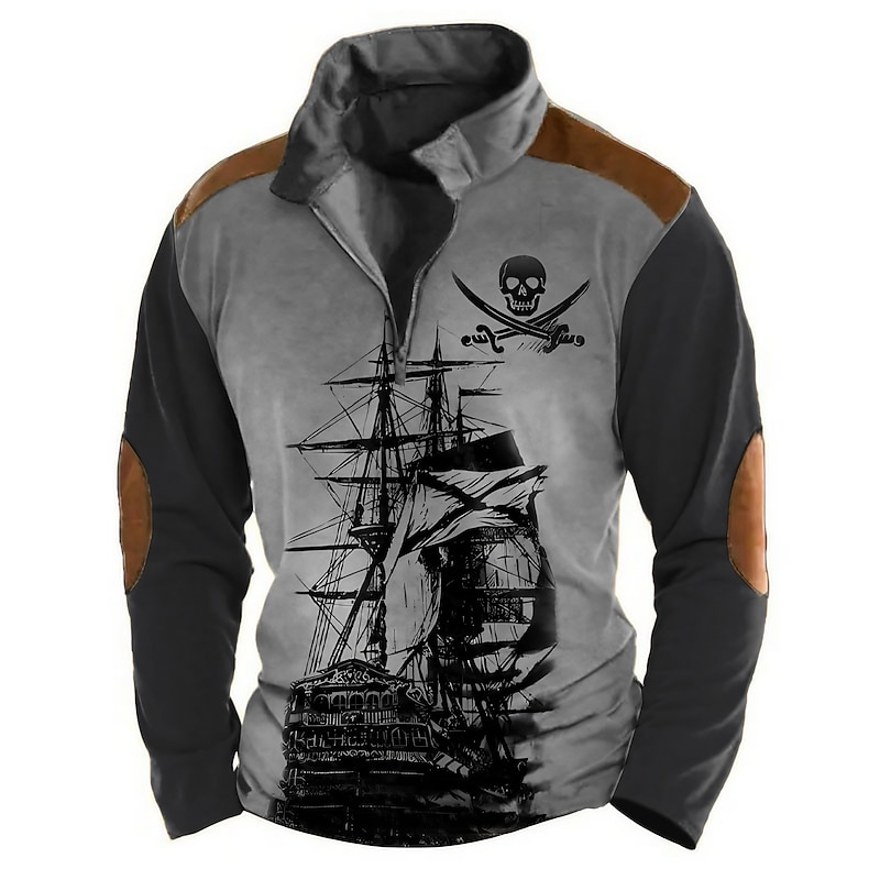 Men's Skull Sailboat Zip Polo Long Sleeve Polo Shirts Turndown Zip Vintage Abstract Outdoor Casual Daily Streetwear 3D Print Fall & Winter Black Blue Brown