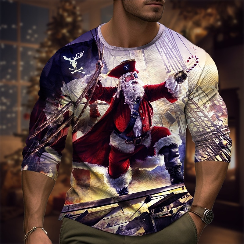 Christmas Men's Santa Claus 3D T-shirts Graphic Santa Claus Fashion Designer Casual 3D Print Tee Sports Outdoor Holiday Going out Burgundy Blue Brown Long Sleeve Crew Neck Spring &  Fall Clothing4