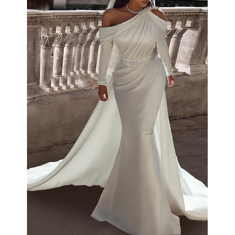 Formal Wedding Dresses Two Piece One Shoulder Long Sleeve Floor Length Satin Bridal Gowns With Sash / Ribbon Beading4