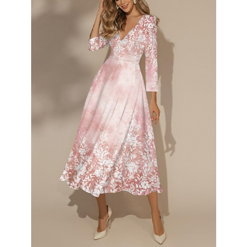 Women's Midi Dress Swing Dress Semi Formal Dress A Line Dress Print Dress Fashion Streetwear Modern Formal Outdoor Vacation Regular Fit Floral 3/4 Length Sleeve V Neck Pink Fall Winter