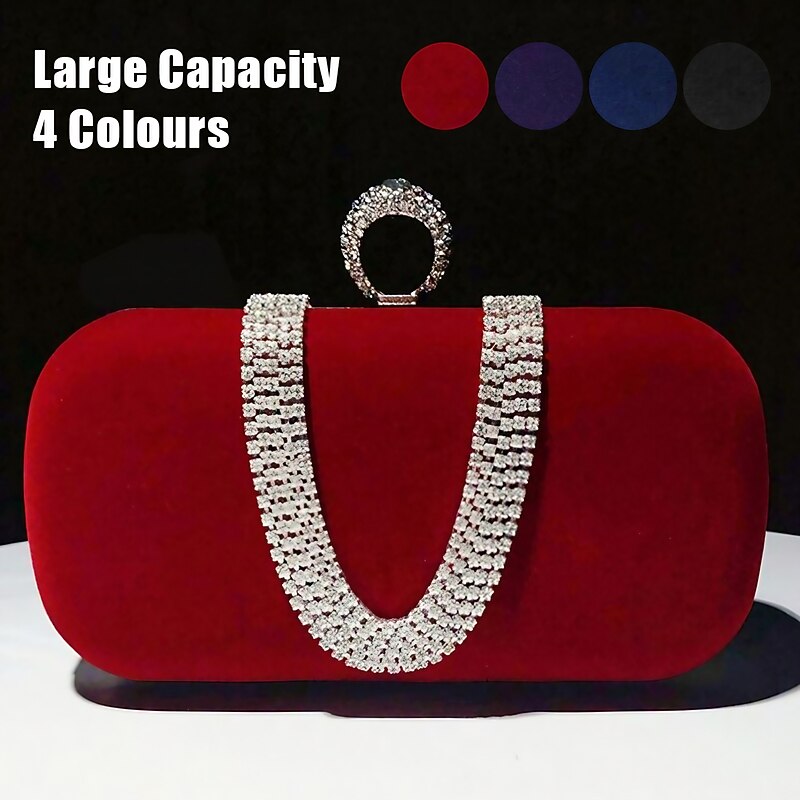 Women's Clutch Evening Bag Wristlet Clutch Bags Velvet Party Valentine's Day Bridal Shower Rhinestone Crystals Chain Large Capacity Lightweight Durable Solid Color Black Red Blue