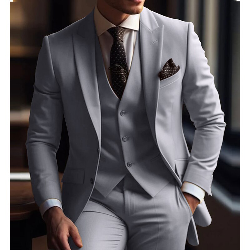 Men's Wedding Suits Peak White Ivory Solid Colored Slim Fit 3 Piece Single Breasted Two-buttons2