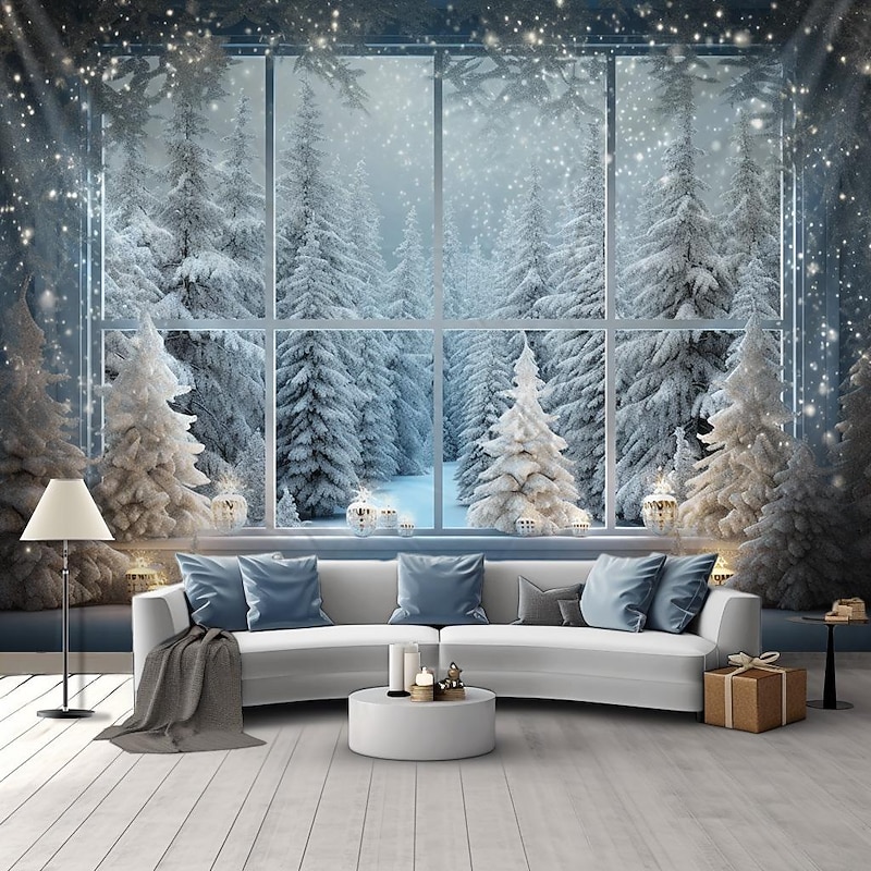 Snow Window Hanging Tapestry Winter White  Wall Art Large Tapestry Mural Decor Photograph Backdrop Blanket Curtain Home Bedroom Living Room Decoration