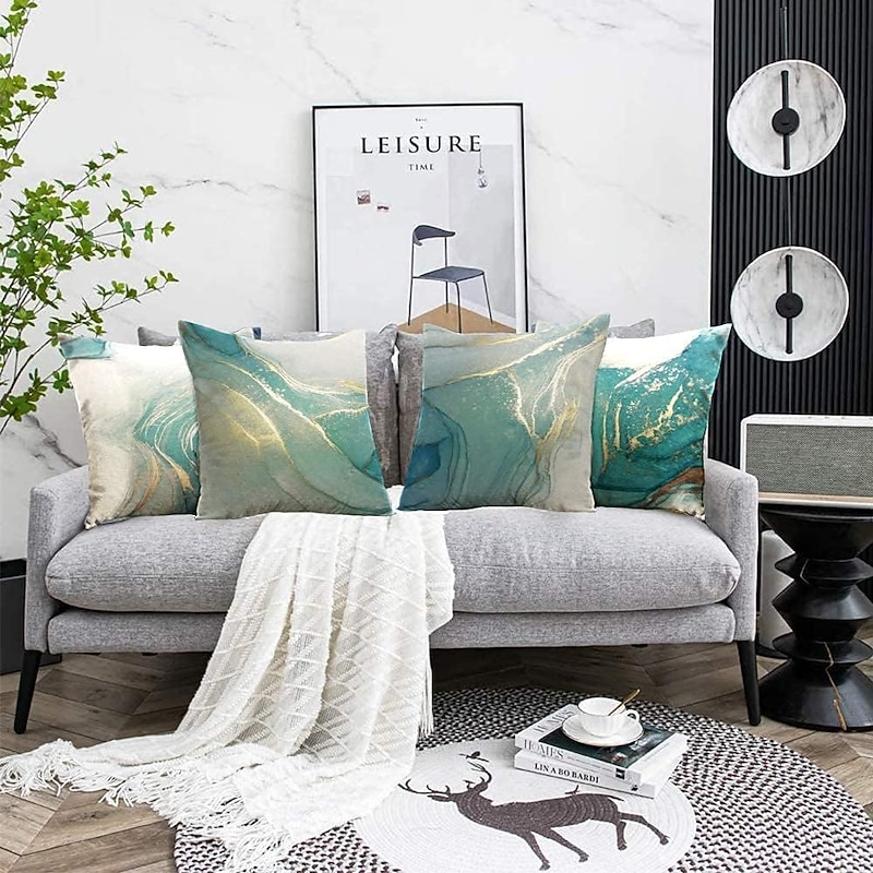 Set of 4 Throw Pillow Covers Marble Texture Turquoise and Gold Silver Decorative Pillow Cases Luxury Abstract Fluid Art Ink Soft Square Cushion Covers for Couch Sofa2