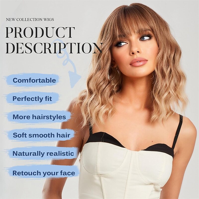 Short Wavy Blonde Wig with Bangs Short Blonde Brown Bob Wigs for Women Wavy Bob Wig with Bangs Synthetic Natural Looking Wigs 14IN2