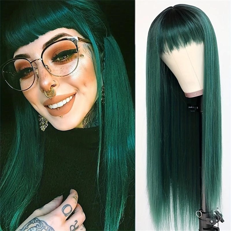 Ombre Green Wig 26 Inch Long Straight Wig With Bangs Synthetic Heat Resistant Cosplay Costume Halloween Wigs For Women Christmas Party Wigs2