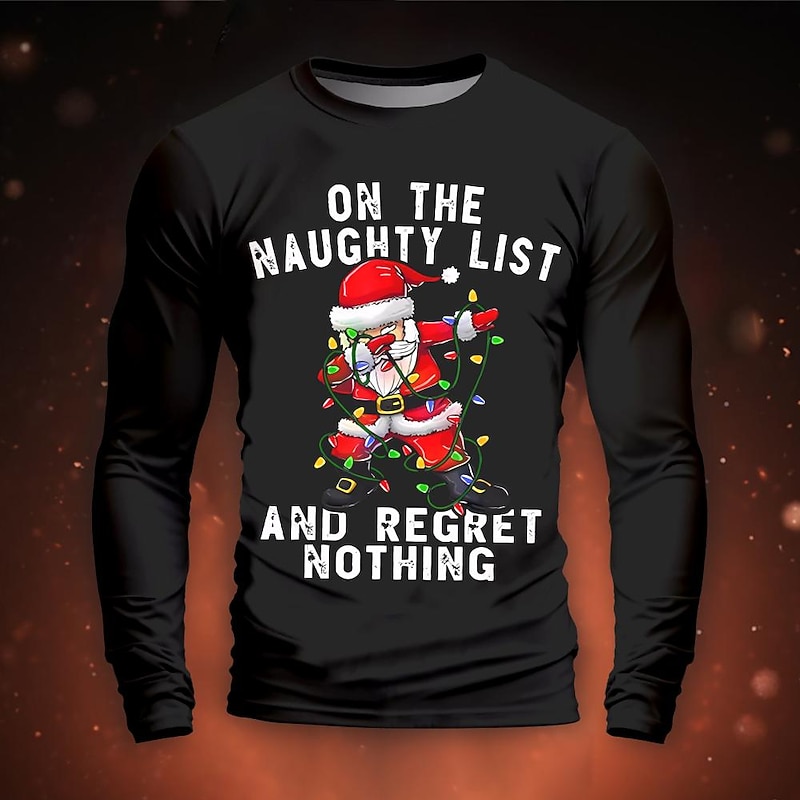 Christmas Men's Santa Claus Text Character & Slogan T Shirt Funny T Shirts Long Sleeve T shirt 3D Print Crew Neck Shirt Daily Outdoor Casual Party Casual Holiday Black Blue Green Spring &  Fall