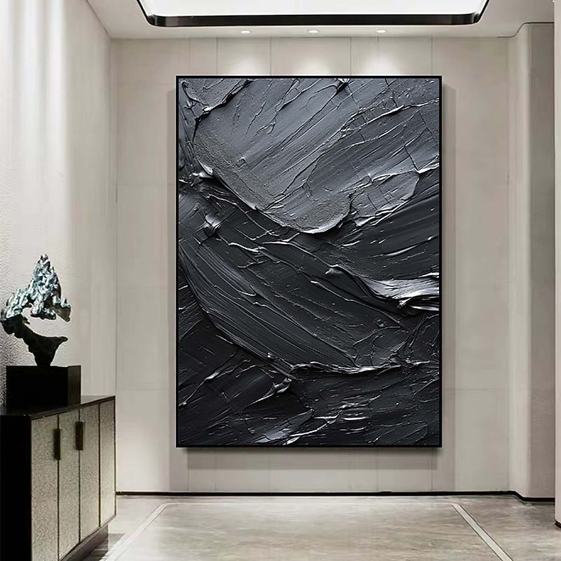 Handmade Pure Black Textured painting Hand Painted Oil Painting Wall Art Large Painting Palette Knife Abstract Painting Hand-painted Acrylic Paintings Decor Rolled Canvas