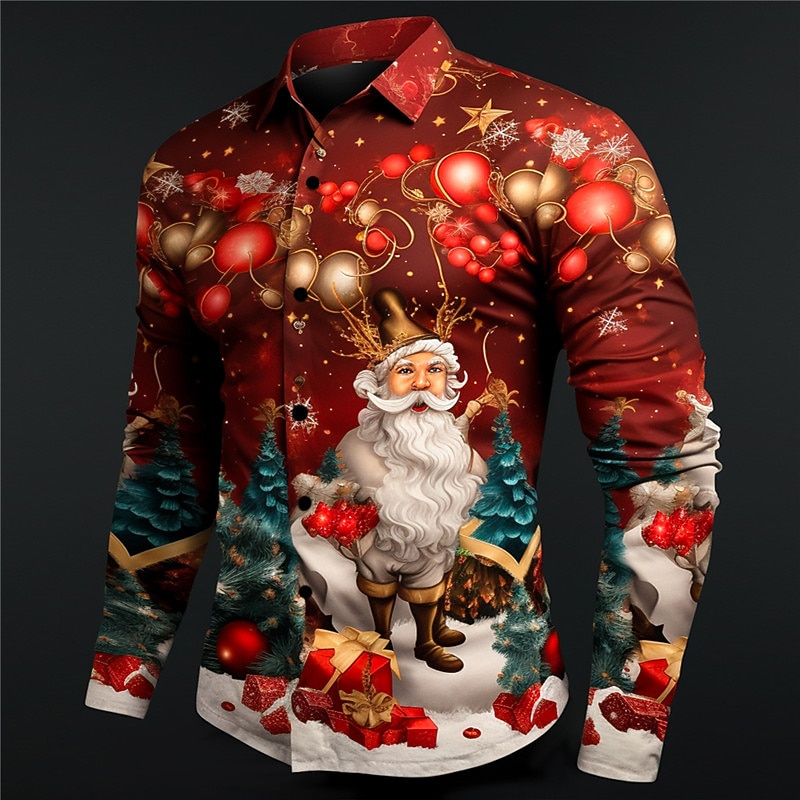Christmas Men's Christmas animal Printed Shirts Santa Claus Casual Daily Wear Going out Fall & Winter Turndown Long Sleeve Dark Red, Black, Red S, M, L 4-Way Stretch Fabric Shirt3