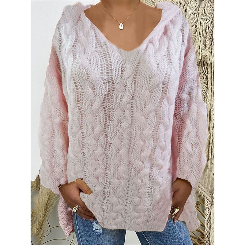 Women's Pullover Sweater Jumper Hooded Cable Knit Oversized Fall Winter Daily Going out Weekend Stylish Casual Soft Long Sleeve Solid Color Black Pink2
