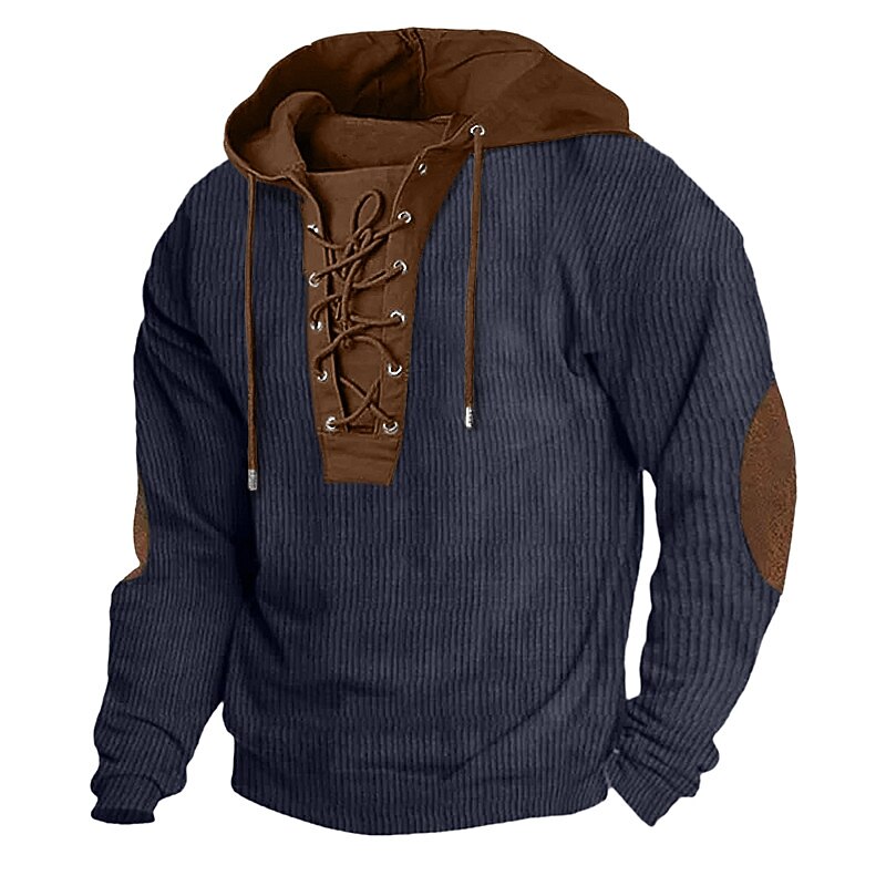 Men's Hoodie Army Green Navy Blue Brown Khaki Hooded Color Block Lace up Patchwork Ribbed Sports & Outdoor Daily Holiday Corduroy Streetwear Cool Casual Spring &  Fall Clothing Apparel Hoodies3