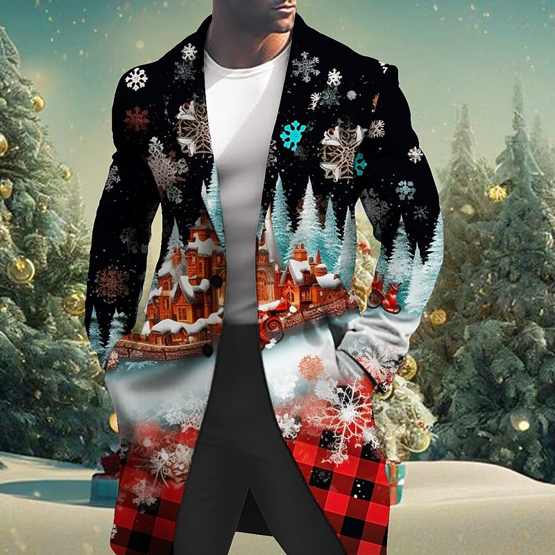 Men's Christmas Tree Winter Coat Overcoat Coat Warm Comfortable Breathable Business Casual Christmas Work Wear to work Pocket Buttons Print Fall & Winter Turndown Long Sleeve Black Red Blue2