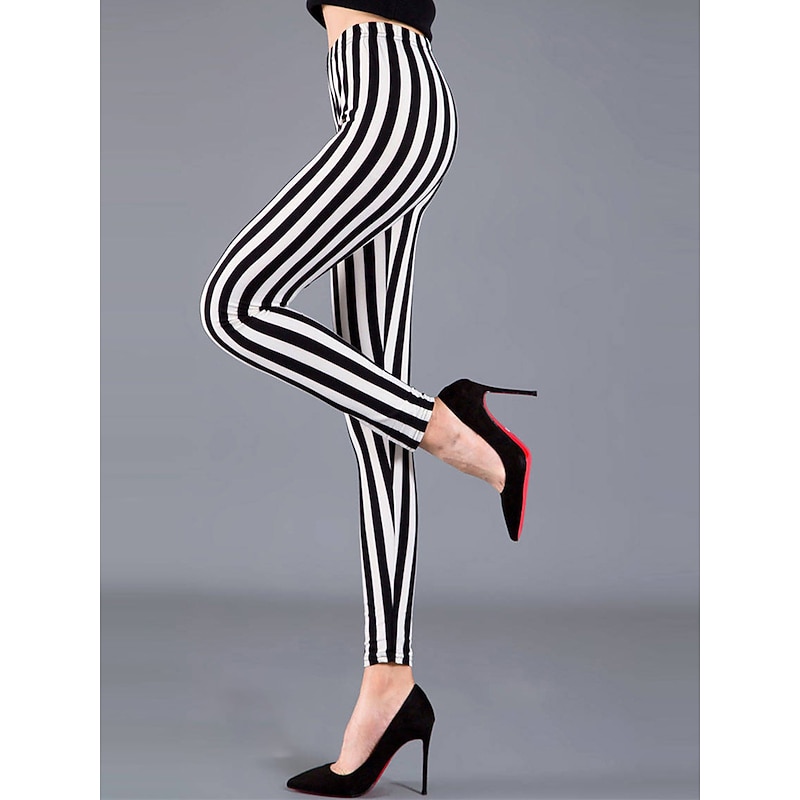 Women's Leggings Cozy Leggings Fashion Streetwear Full Length Mid Waist Geometric Striped Elastic Waist Print Breathability Comfortable Micro-elastic Outdoor Street Daily Black and white stripes