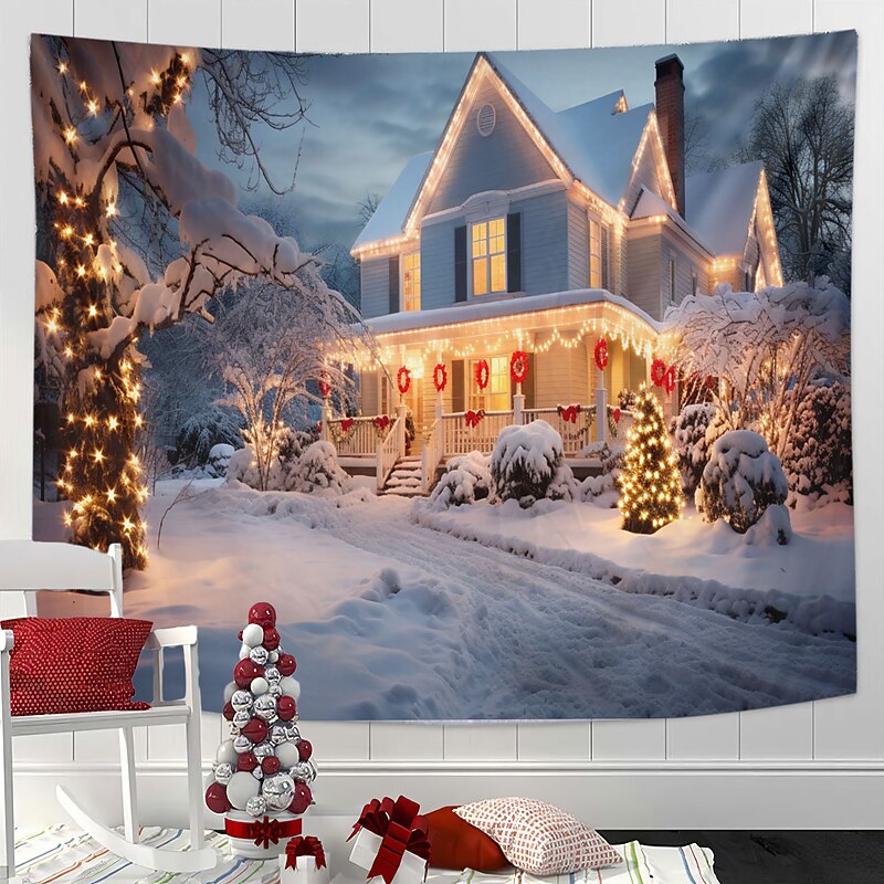 Christmas Decorations Winter Wonderland Hanging Tapestry Wall Art Xmas Large Tapestry Mural Decor Photograph Backdrop Blanket Curtain Home Bedroom Living Room Decoration White Snow2