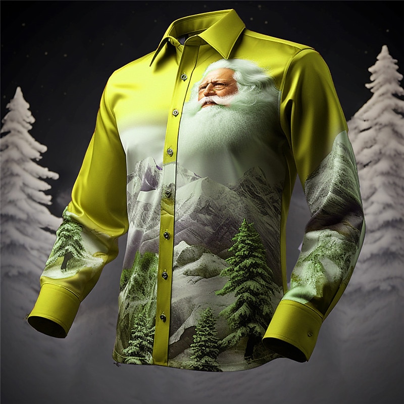 Christmas Men's Santa Claus Printed Shirts Santa Claus Mountain Casual Outdoor Street Fall & Winter Turndown Long Sleeve Yellow Red Dark Navy S M L Shirt3