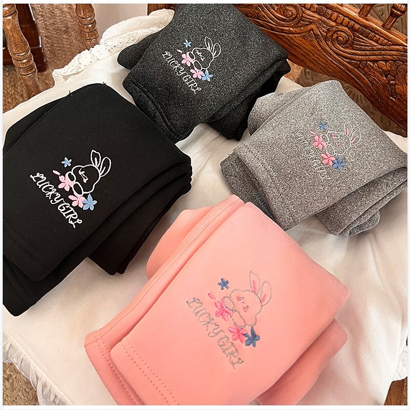 Kids Girls' Leggings Solid Color Adorable Embroidered Outdoor 7-13 Years Spring Black Pink Light Grey3