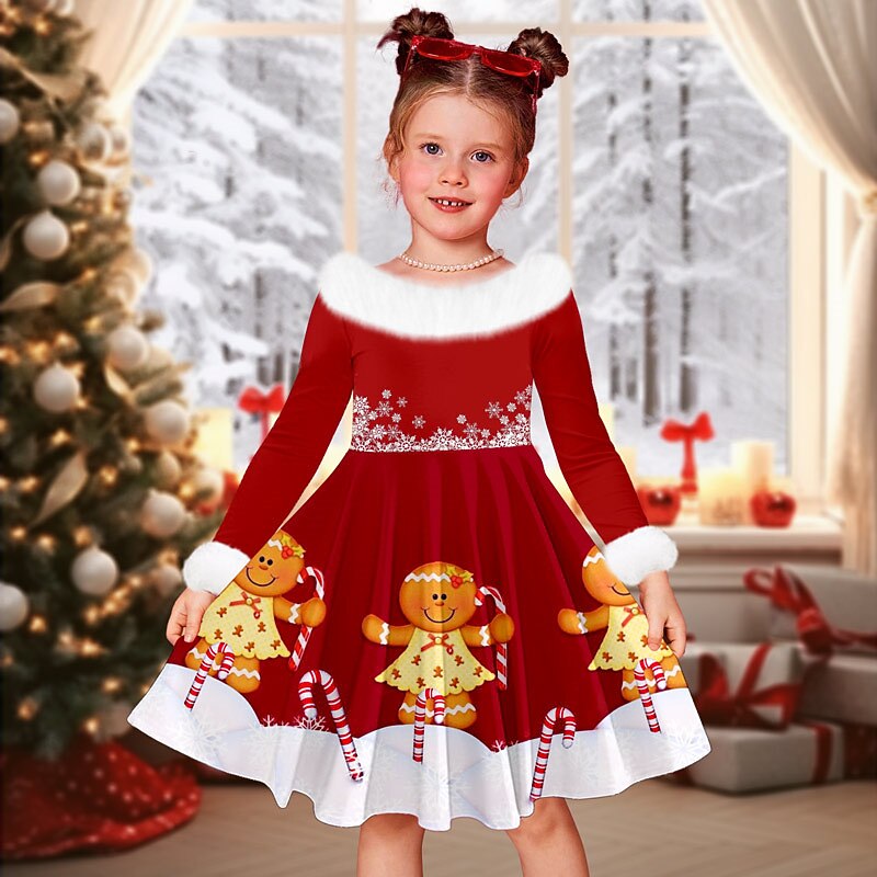 Christmas Girls' 3D Elk Snowman Snowflake Christmas Dress Dress Snowflake Dress Long Sleeve 3D Print Fall Winter Sports & Outdoor Daily Holiday Cute Casual Beautiful Kids 3-12 Years Casual Dress2