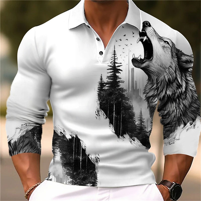 Men's Wolf Polo Shirts Golf Shirt Long Sleeve Polo Shirts Collared Shirts Casual Funny Vacation Wear Party Outfits 3D Print Buttons Fall & Winter Black Yellow Blue4