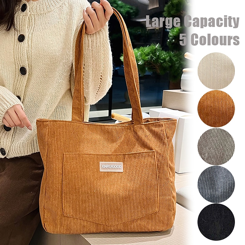 Women's Tote Shoulder Bag Hobo Bag Corduroy Outdoor Shopping Daily Large Capacity Lightweight Durable Solid Color Black White Brown - Main Image
