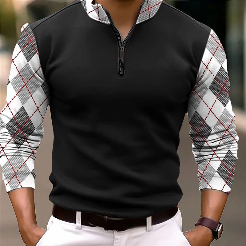 Men's Plaid Zip Polo Long Sleeve Polo Shirts Zip Business Outdoor Casual Daily Streetwear 3D Print Fall & Winter Black White Dark Navy3