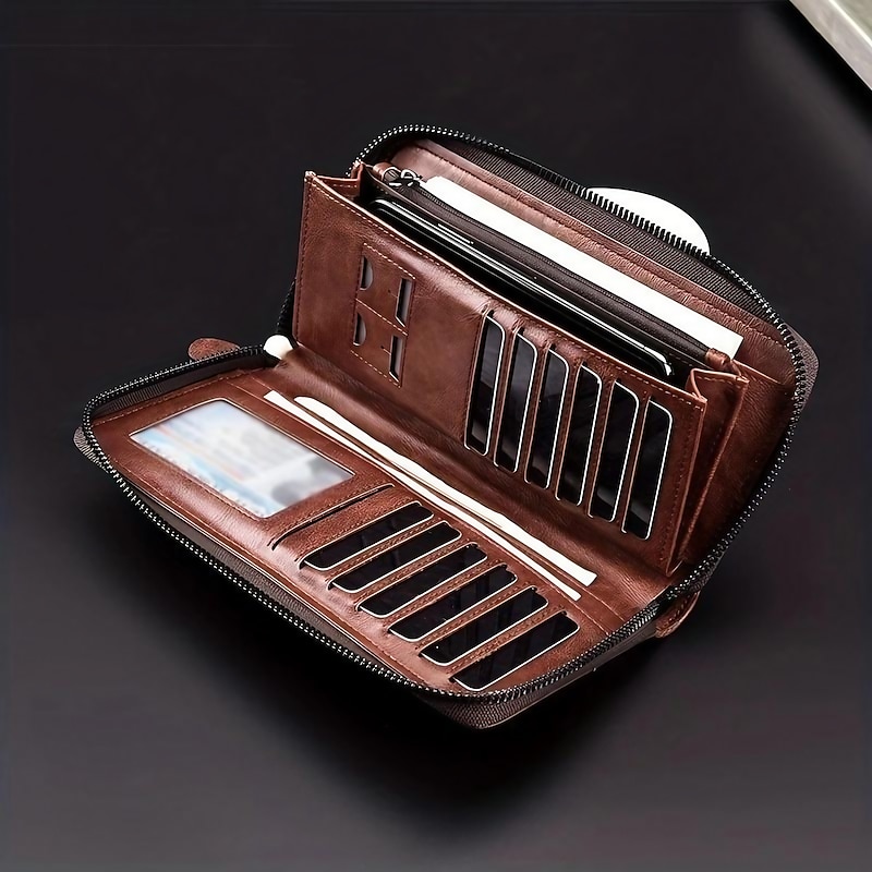 Men's Faux Leather Zipper Wallet with Multiple Card Slots & Wrist Strap - Slim & Stylish for Everyday Use