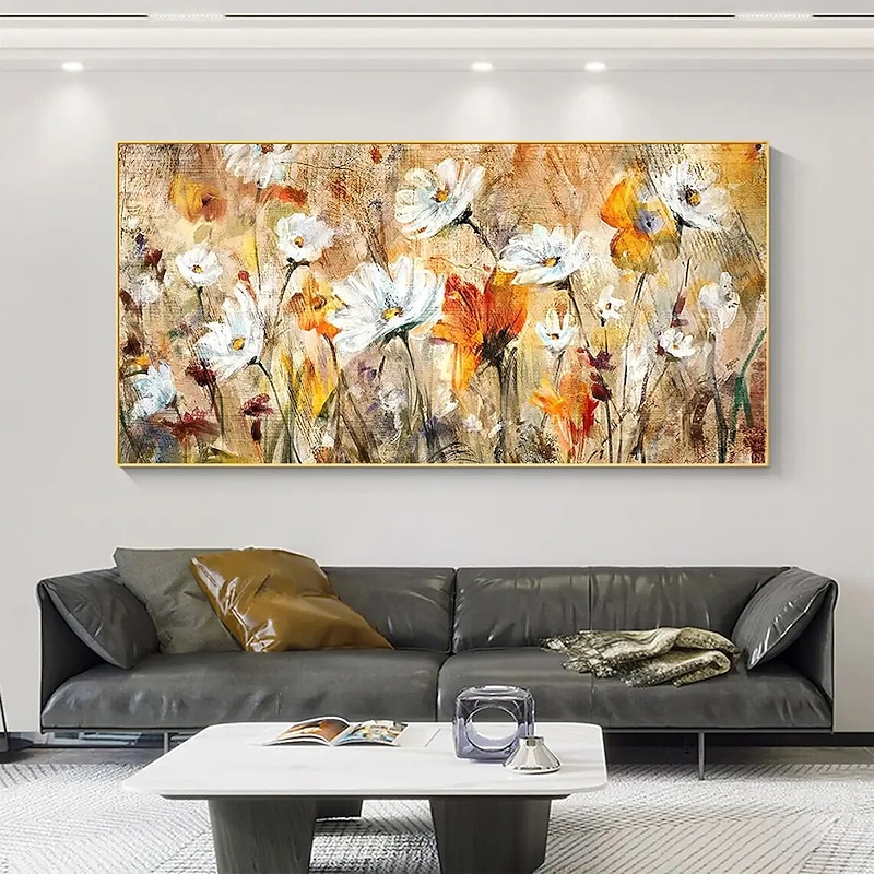 Handmade Hand Painted Wall Art White Flower Landscape Oil Painting on Canvas Large Abstract Modern Boho Floral Painting Home Decoration Decor Rolled Canvas No Frame Unstretched3