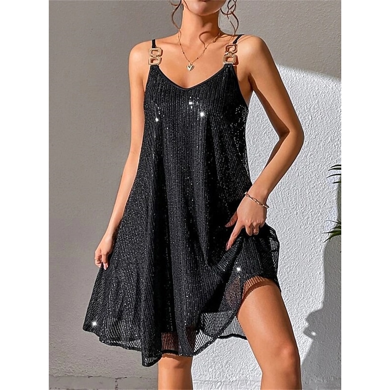 Women's Mini Dress Black Dress Sequin Dress Party Dress Cocktail Dress Fashion Party Hot Winter Dress Vacation Wedding Guest Slim Pure Color Sleeveless Spaghetti Strap Black Fall Winter Autumn