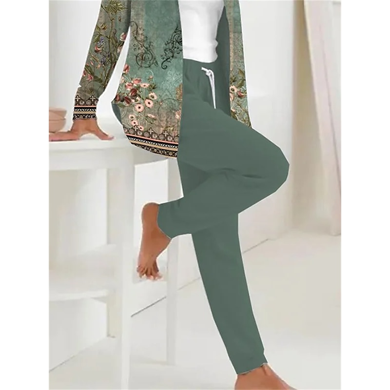 Women's 2 Pieces Hoodie Tracksuits Active Daily Pants Sets Pants Trousers Long Sleeve Hooded Floral Drawstring Print Outdoor Casual White Pink Dark Navy Fall & Winter Regular Fit3