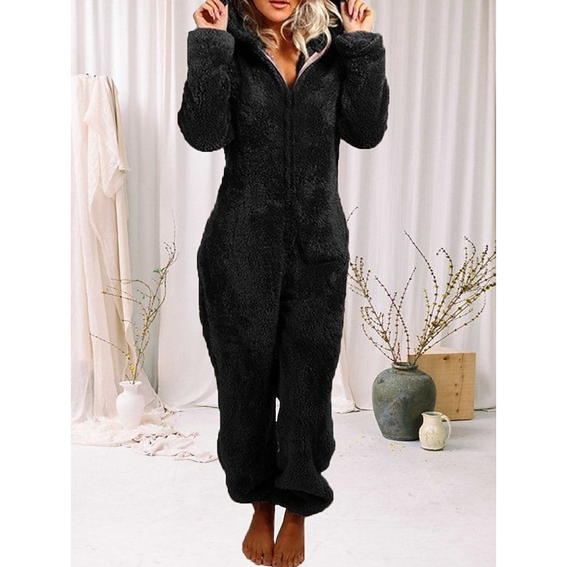 Women's Onesie Pajama Plush Fleece Bear Ear Hoodie Red Full-Length Winter Warmth Cozy Loungewear Zippered Sleepwear Casual Home Home Outfits4