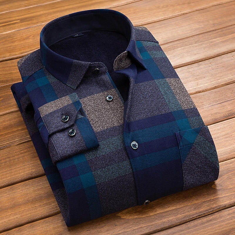 Men's Dress Shirt Plaid Shirt Collared Shirt Fleece Shirt Button Up Shirt Overshirt Plaid / Check Wedding Party A B C D Long Sleeve Square Neck Winter Clothing Apparel Warm2